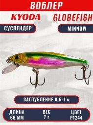 Воблер KYODA Globefish Minnow-66SP, длина 6,6 см, вес 7.0 гр цвет P1244, заглубление 0,5-1,0 м