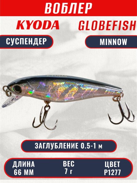 Воблер KYODA Globefish Minnow-66SP, длина 6,6 см, вес 7.0 гр цвет P1277, заглубление 0,5-1,0 м